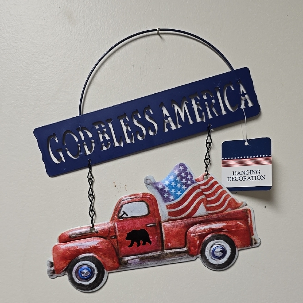 Patriotic Hanging Decoration with Red Truck and American Flag